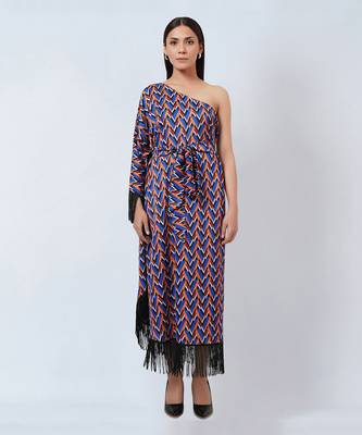 Blue And Mustard One-Shoulder Geometric Print Dress 1