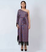 Blue And Mustard One-Shoulder Geometric Print Dress