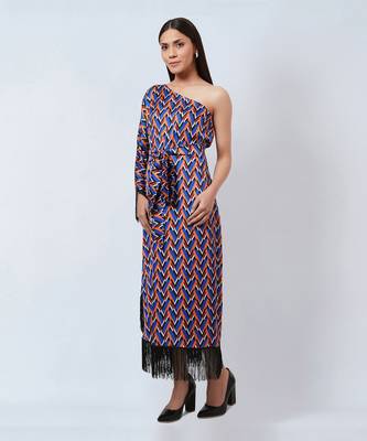 Blue And Mustard One-Shoulder Geometric Print Dress 2