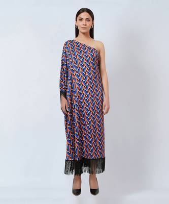 Blue And Mustard One-Shoulder Geometric Print Dress 3