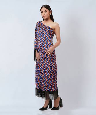 Blue And Mustard One-Shoulder Geometric Print Dress 4