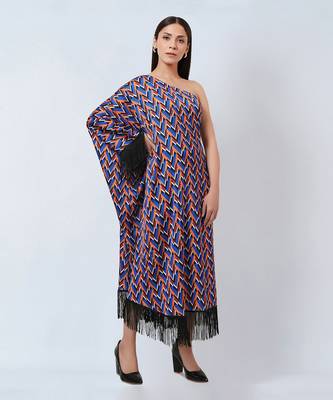Blue And Mustard One-Shoulder Geometric Print Dress 5