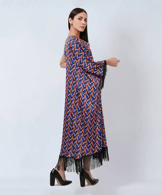 Blue And Mustard One-Shoulder Geometric Print Dress 6