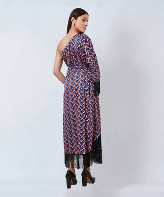 Blue And Mustard One-Shoulder Geometric Print Dress 7