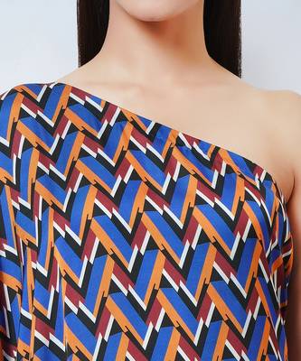 Blue And Mustard One-Shoulder Geometric Print Dress 8