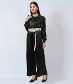 Black Textured Jumpsuit With Velvet Belt