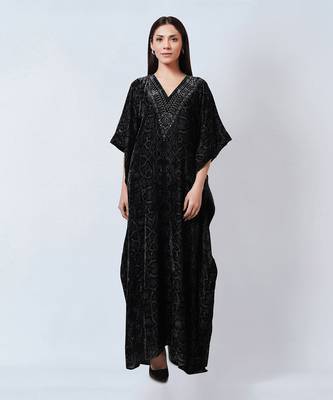 Grey Animal Print Embellished Silk Velvet Full Length Kaftan 1