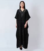 Grey Animal Print Embellished Silk Velvet Full Length Kaftan