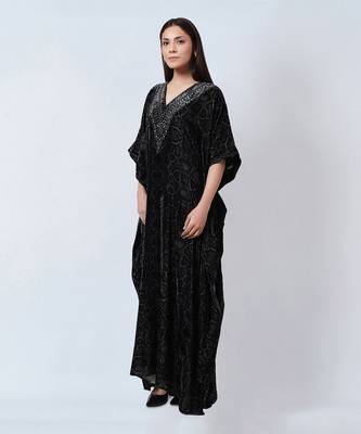 Grey Animal Print Embellished Silk Velvet Full Length Kaftan 2