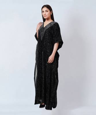 Grey Animal Print Embellished Silk Velvet Full Length Kaftan 3