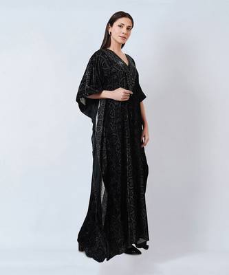 Grey Animal Print Embellished Silk Velvet Full Length Kaftan 4