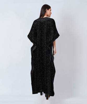 Grey Animal Print Embellished Silk Velvet Full Length Kaftan 5