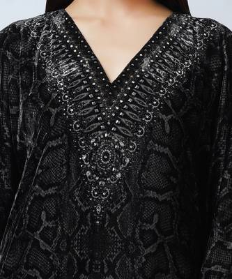 Grey Animal Print Embellished Silk Velvet Full Length Kaftan 6