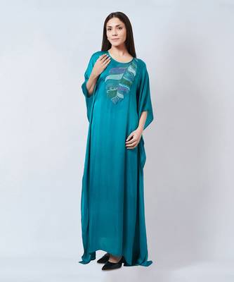 Teal Embroidered Full Length Kaftan 2