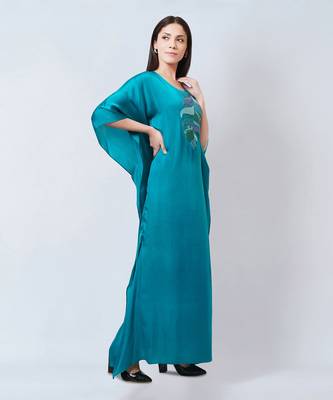 Teal Embroidered Full Length Kaftan 4