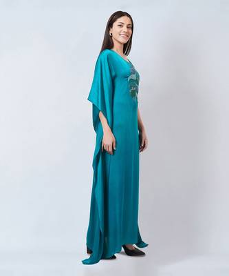 Teal Embroidered Full Length Kaftan 5