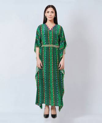 Green Animal Print Silk Full Length Kaftan 1