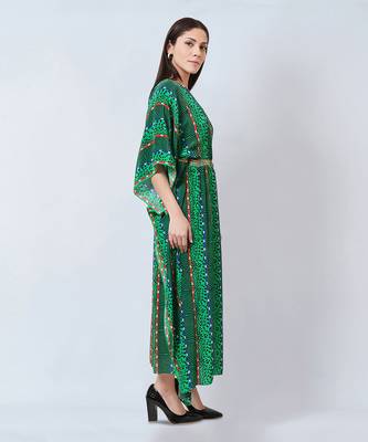 Green Animal Print Silk Full Length Kaftan 2