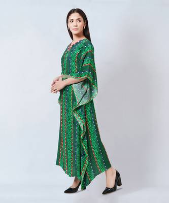 Green Animal Print Silk Full Length Kaftan 3