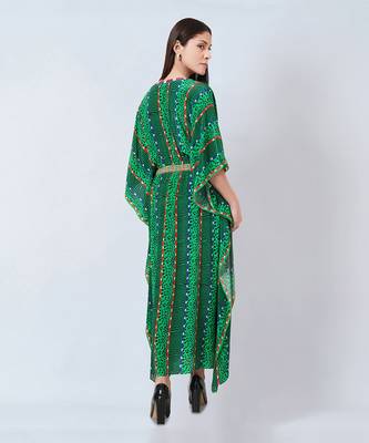Green Animal Print Silk Full Length Kaftan 4