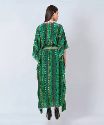 Green Animal Print Silk Full Length Kaftan 5