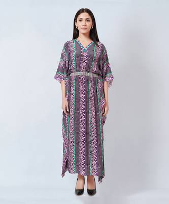 Mauve Animal Print Silk Full Length Kaftan 2