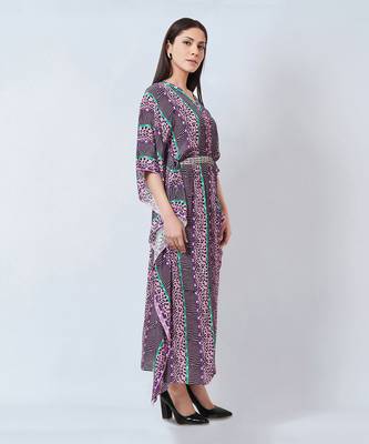 Mauve Animal Print Silk Full Length Kaftan 3