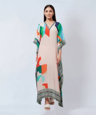 Peach Graphic Art Print Full Length Kaftan 1