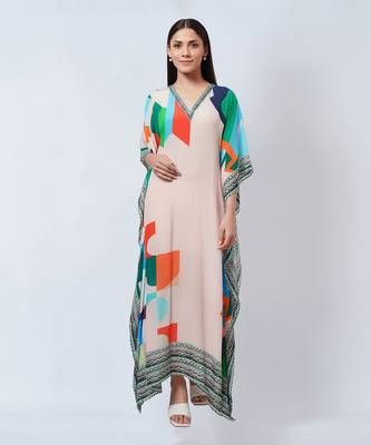 Peach Graphic Art Print Full Length Kaftan 2