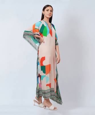 Peach Graphic Art Print Full Length Kaftan 3