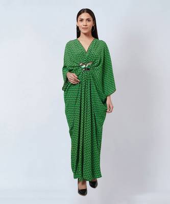 Fluorescent Green Honeycomb Print Silk Full Length Kaftan With Butterfly Motif 1