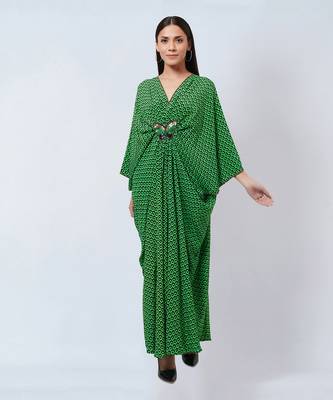 Fluorescent Green Honeycomb Print Silk Full Length Kaftan With Butterfly Motif 2