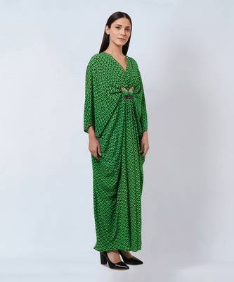 Fluorescent Green Honeycomb Print Silk Full Length Kaftan With Butterfly Motif 3