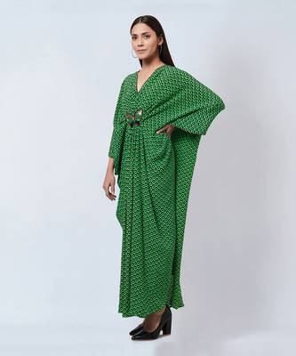 Fluorescent Green Honeycomb Print Silk Full Length Kaftan With Butterfly Motif 4