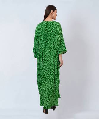Fluorescent Green Honeycomb Print Silk Full Length Kaftan With Butterfly Motif 5