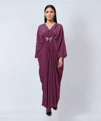 Magenta Honeycomb Print Silk Full Length Kaftan With Butterfly Motif 1