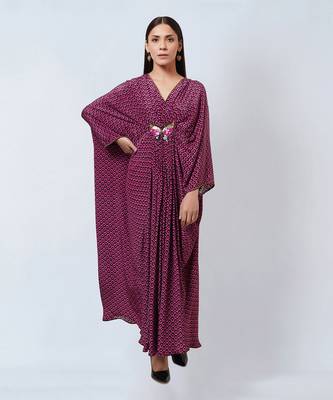Magenta Honeycomb Print Silk Full Length Kaftan With Butterfly Motif 2
