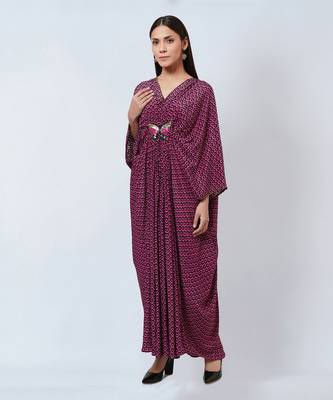 Magenta Honeycomb Print Silk Full Length Kaftan With Butterfly Motif 3