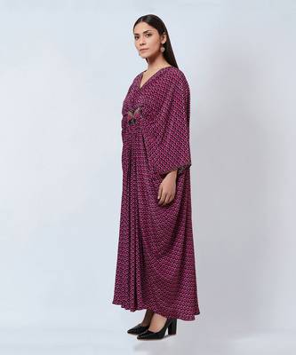 Magenta Honeycomb Print Silk Full Length Kaftan With Butterfly Motif 4