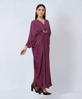 Magenta Honeycomb Print Silk Full Length Kaftan With Butterfly Motif 5