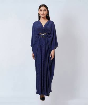 Slate Blue Honeycomb Print Silk Full Length Kaftan With Butterfly Motif 1