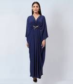 Slate Blue Honeycomb Print Silk Full Length Kaftan With Butterfly Motif