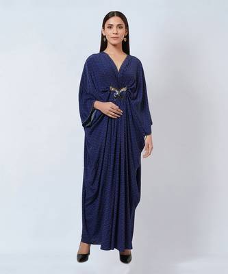 Slate Blue Honeycomb Print Silk Full Length Kaftan With Butterfly Motif 2