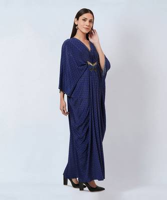 Slate Blue Honeycomb Print Silk Full Length Kaftan With Butterfly Motif 3