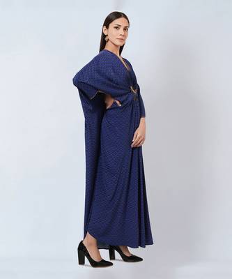 Slate Blue Honeycomb Print Silk Full Length Kaftan With Butterfly Motif 4