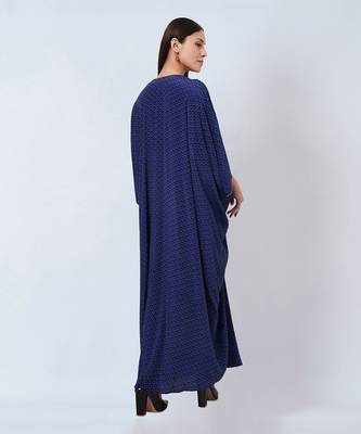 Slate Blue Honeycomb Print Silk Full Length Kaftan With Butterfly Motif 5