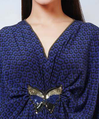 Slate Blue Honeycomb Print Silk Full Length Kaftan With Butterfly Motif 6