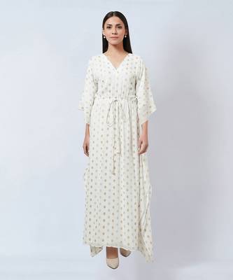 Ivory Lurex With Polka Dot Motifs Full Length Kaftan 1