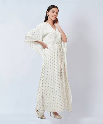 Ivory Lurex With Polka Dot Motifs Full Length Kaftan 2