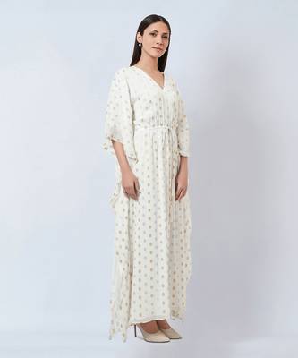 Ivory Lurex With Polka Dot Motifs Full Length Kaftan 3